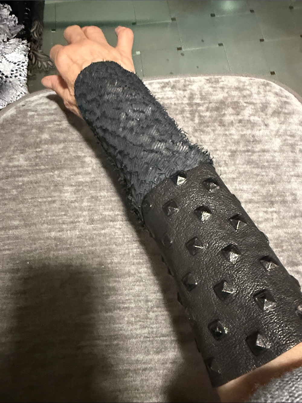 Black Studded Leather Wrist Cuff with Knitted Sleeve - Men Accessories